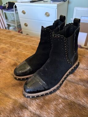 Free People Black Suede & Patent Toe Scalloped Chelsea Booties